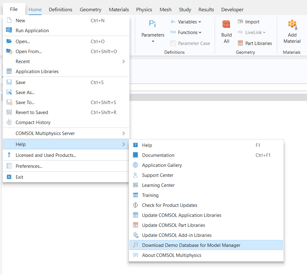 The file menu drop down with the Help options expanded to reveal the Demo Database download option.
