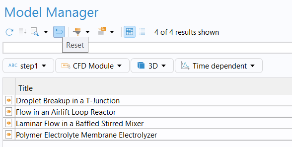 The Model Manager workspace with the Reset button highlighted in blue.